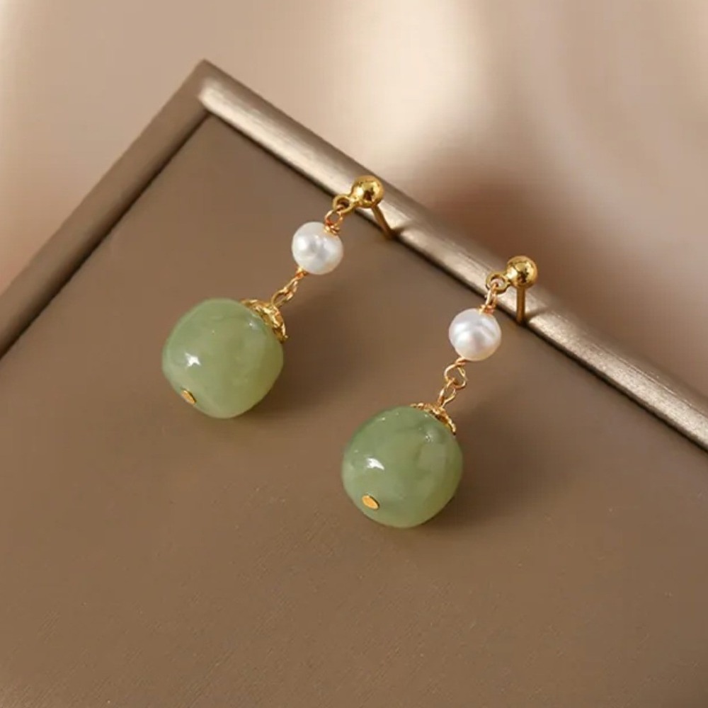 Hetian Jade Freshwater Pearl Drop Earrings 925 Sterling Silver Gold Plated Women